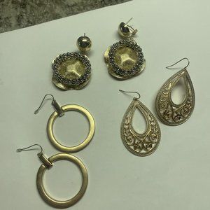 Lot Of 3 Costume Earrings Pierced Dangle - Mix Metal Gold Tone